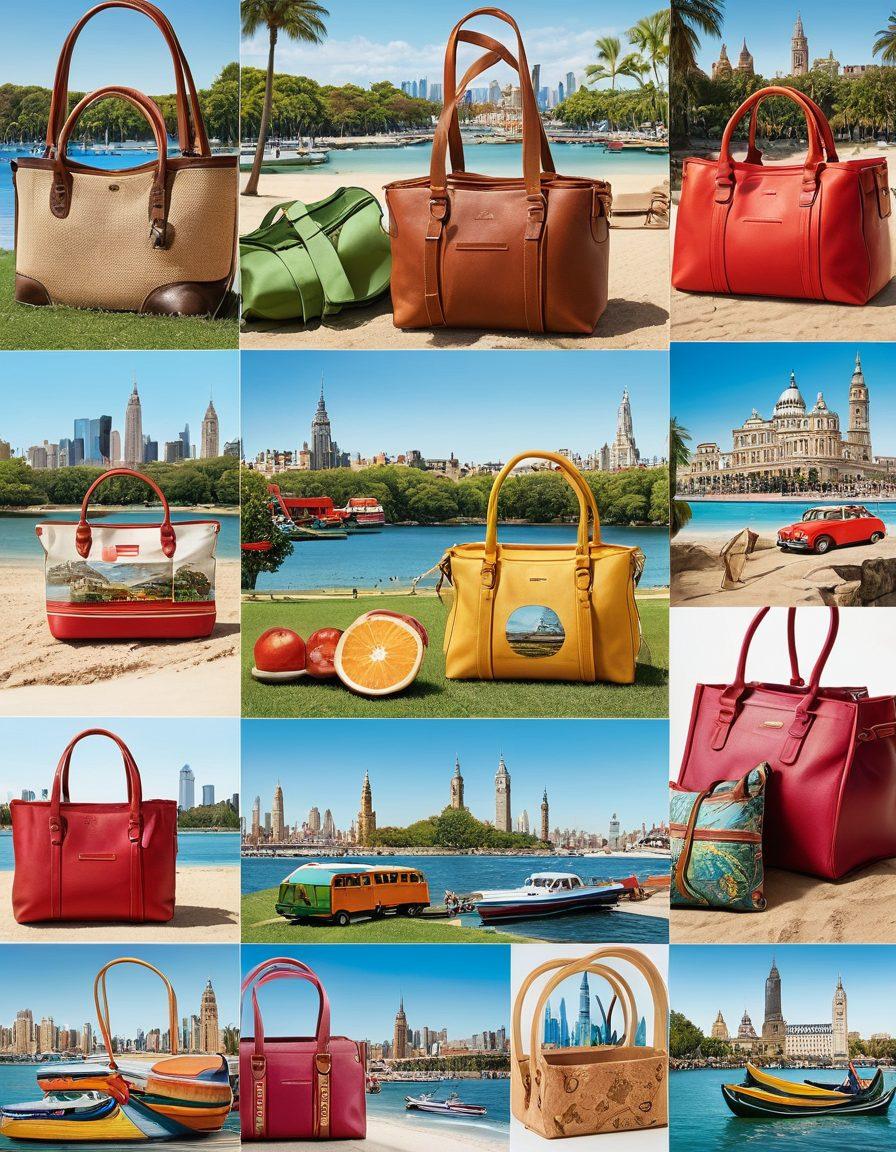A stylish and functional tote bag placed against a backdrop of various travel scenes, showcasing its versatility. The setting includes landmarks from around the world, a picnic in a park, and a day at the beach, blending these moments together beautifully. Vibrant colors to highlight the diverse uses and environments of the tote, reflecting both travel and everyday life. super-realistic. vibrant colors. natural settings.