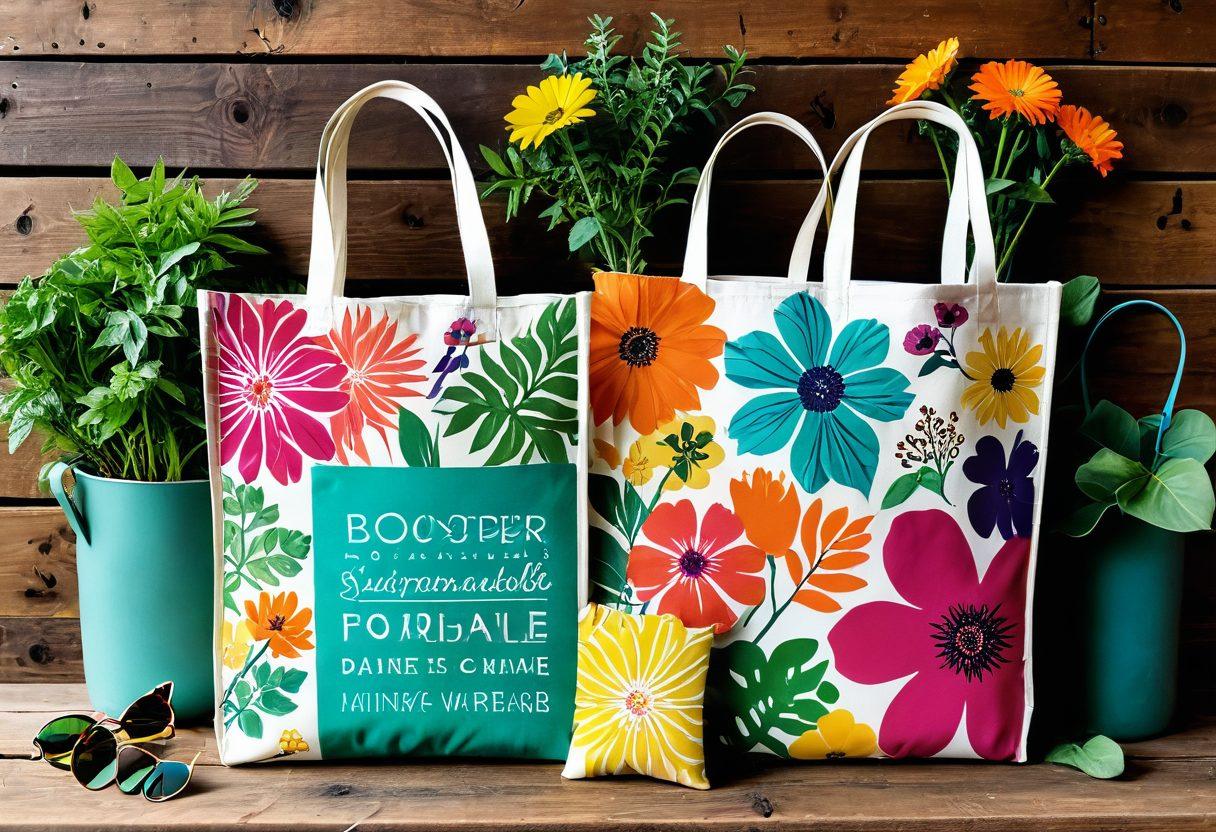 A stylish assortment of eco-friendly tote bags displayed on a wooden table, surrounded by lush greenery and colorful flowers. Include vibrant fabrics with unique patterns, showcasing their versatility for different occasions. Sunlight filters through leaves, casting a warm glow, and hinting at sustainable fashion. Fashion accessories like a book and sunglasses are playfully scattered around. super-realistic. vibrant colors. natural setting.